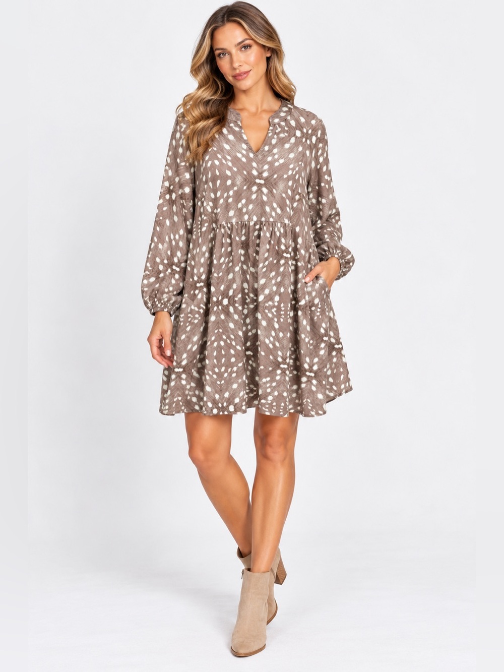 JODIFL Taupe Printed Gathered Midi Dress